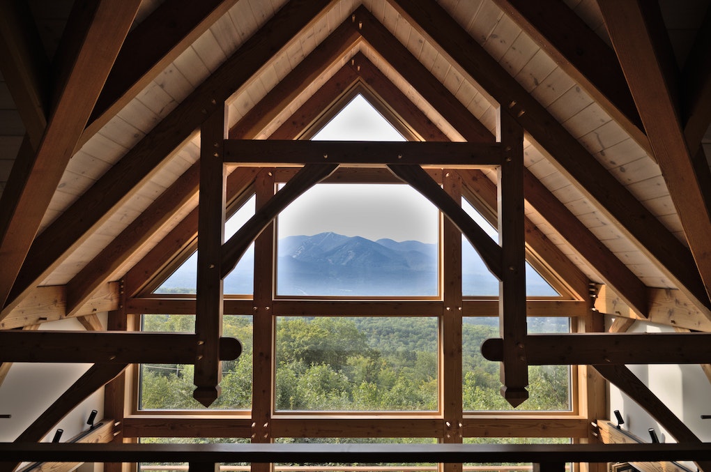 Wooden Trusses on Ceiling and Wooden Framed Glass Window